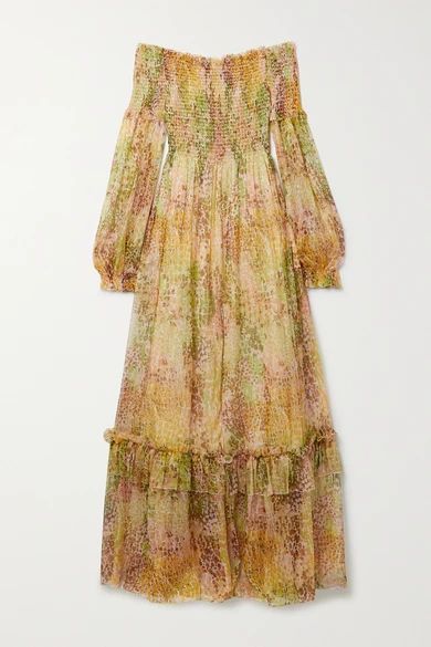 Shirred Printed Silk And Lurex-blend Crepon Maxi Dress - Yellow