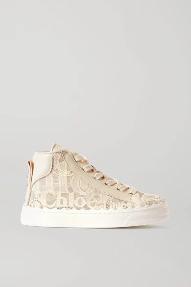 Lauren Scalloped Leather-trimmed Lace High-top Sneakers - Off-white