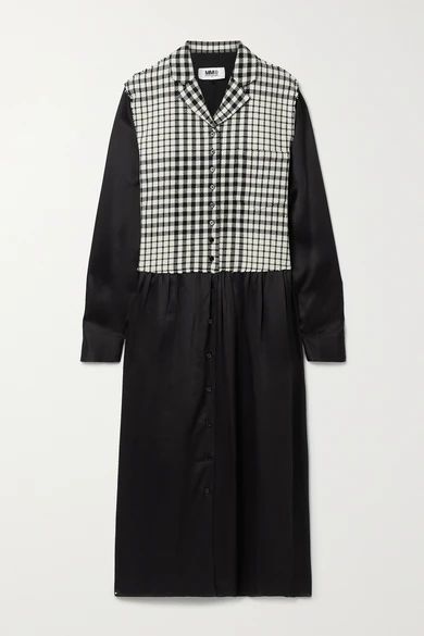 Paneled Checked Wool-blend And Satin Midi Dress - Black
