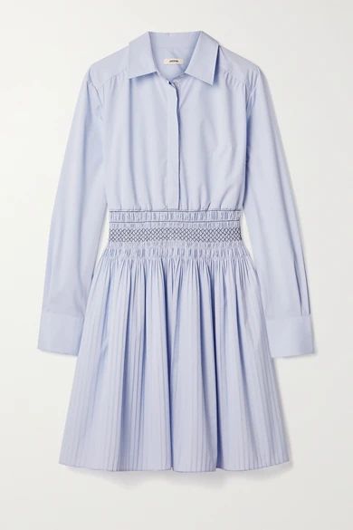 Shirred Cotton-blend Poplin Mini Shirt Dress - Light blue