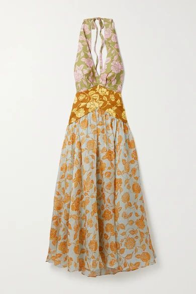 The Lovestruck Floral-print Linen Halterneck Midi Dress - Orange