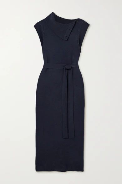 Belted Button-detailed Wool And Cashmere-blend Midi Dress - Navy