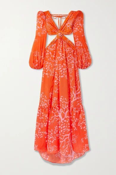 Cutout Printed Chiffon And Stretch-jersey Maxi Dress - Orange