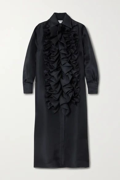 Ruffled Silk-organza Midi Shirt Dress - Black