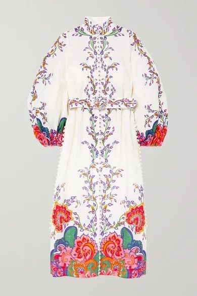 The Lovestruck Belted Paisley-print Linen Midi Dress - White
