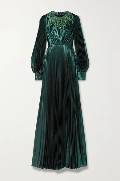 Crystal-embellished Pleated Silk-blend Lamé Gown - Dark green