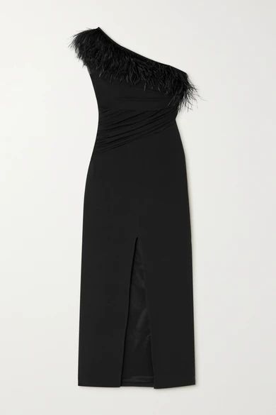 Draped Feather And Tulle-trimmed Cady Midi Dress - Black