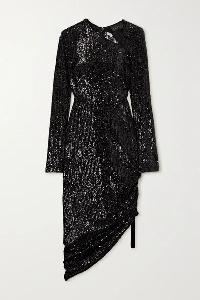 Asymmetric Lace-paneled Sequined Jersey Dress - Black