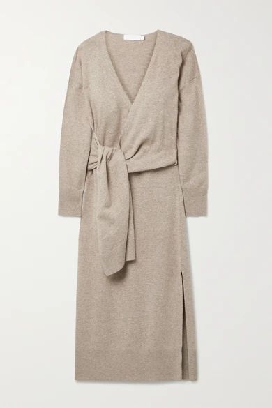 Skyla Knitted Wrap Midi Dress - Taupe