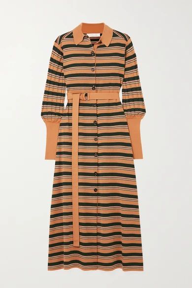 Belted Striped Wool-blend Midi Dress - Yellow