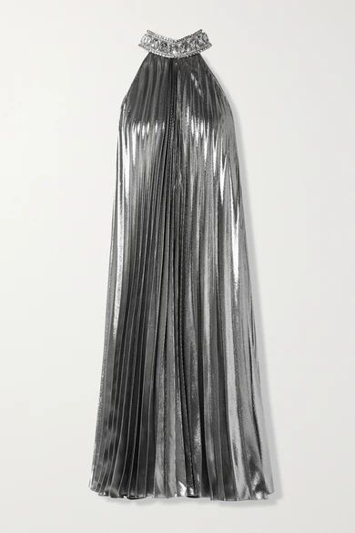 Crystal-embellished Pleated Silk-blend Lamé Midi Dress - Silver