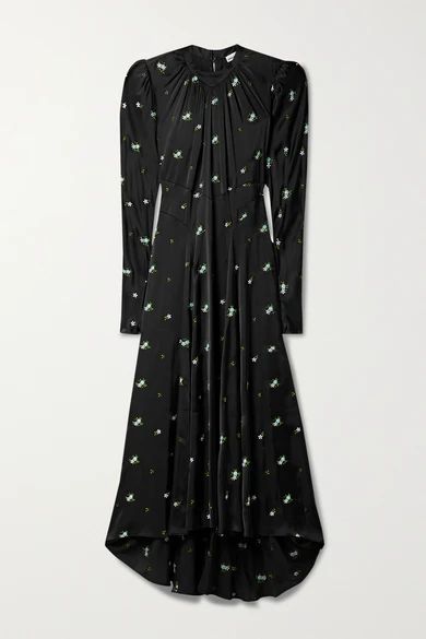 Gathered Embroidered Satin Maxi Dress - Black