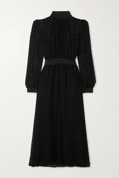 Metallic Stretch Jersey-trimmed Devoré-velvet Midi Dress - Black