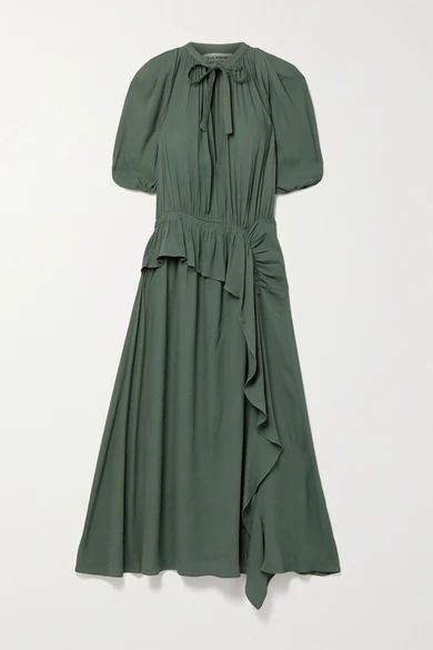 Leah Draped Ruffled Crepe Midi Dress - Gray green