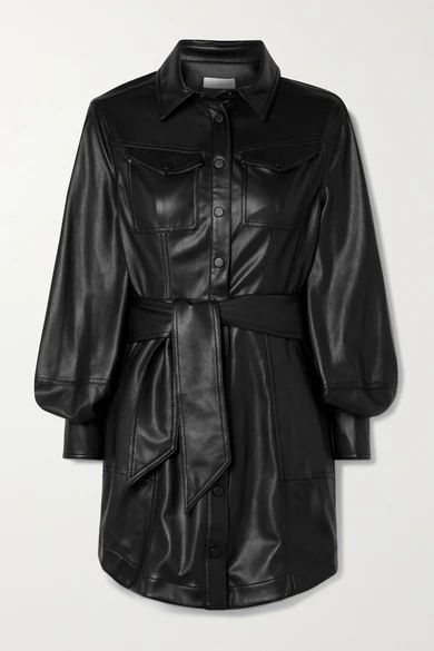 Eve Belted Vegan Leather Mini Shirt Dress - Black