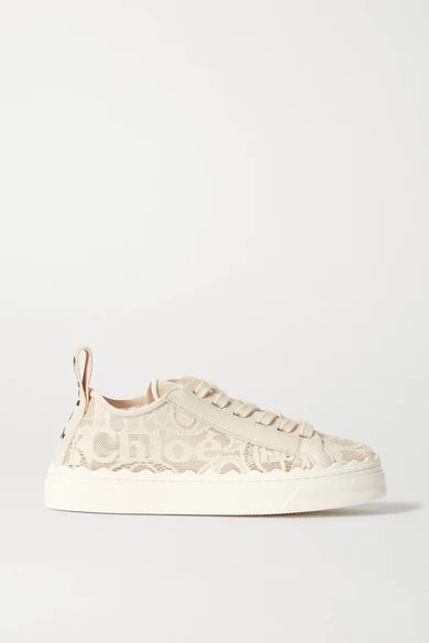 Lauren Scalloped Lace, Leather And Canvas Sneakers - Off-white