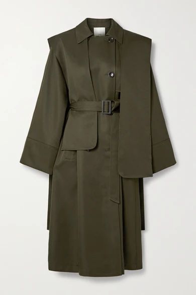 Layered Double-breasted Woven Trench Coat - Army green