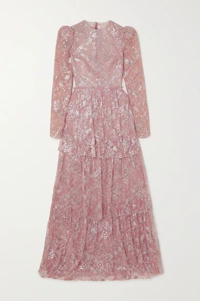 The Unrequited Tiered Metallic Lace Maxi Dress - Baby pink