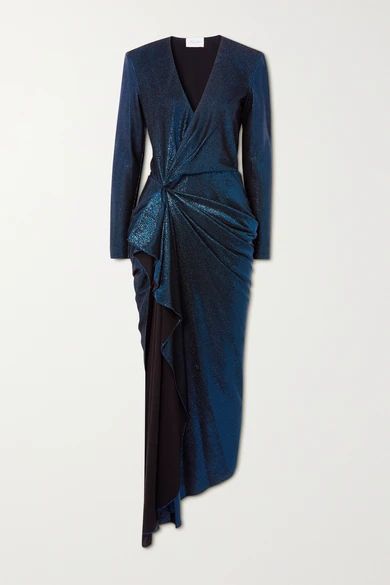 Asymmetric Draped Lamé Dress - Blue