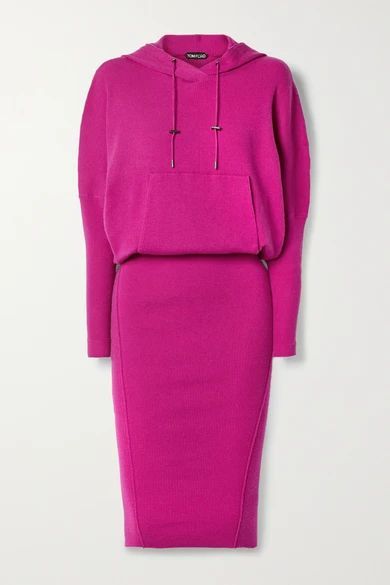 Hooded Ribbed Cashmere-blend Dress - Fuchsia