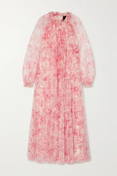 Toile De Jouy Tiered Ruffled Floral-print Tulle Maxi Dress - Pink