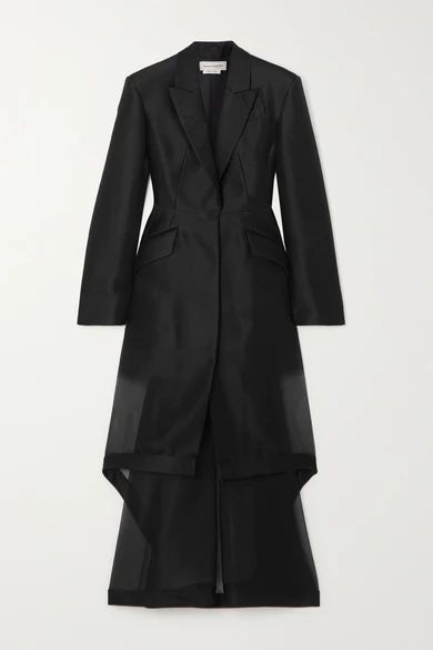Layered Asymmetric Wool And Silk-blend Organza Coat - Black