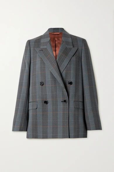 Double-breasted Checked Wool-blend Blazer - Blue