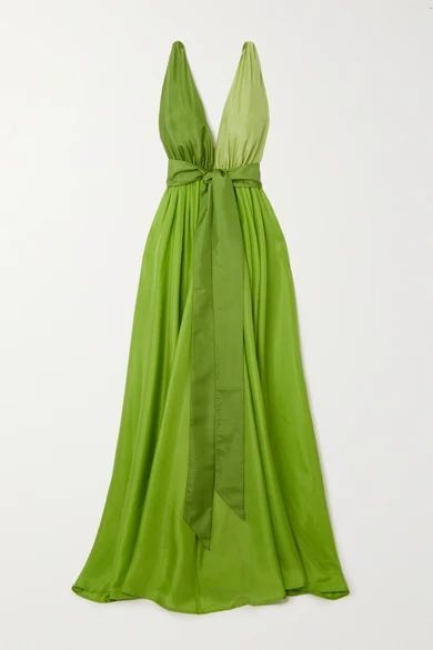 Adonis Belted Silk Maxi Dress - Leaf green