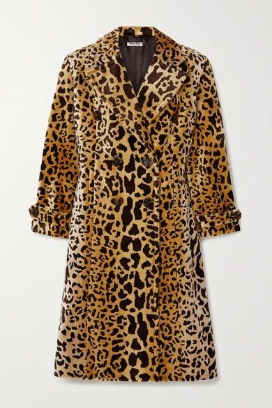 Double-breasted Leopard-print Velvet Coat - Brown