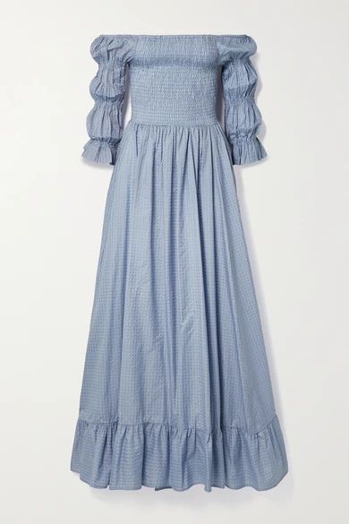 Lora Off-the-shoulder Fil Coupé Cotton And Silk-blend Maxi Dress - Blue