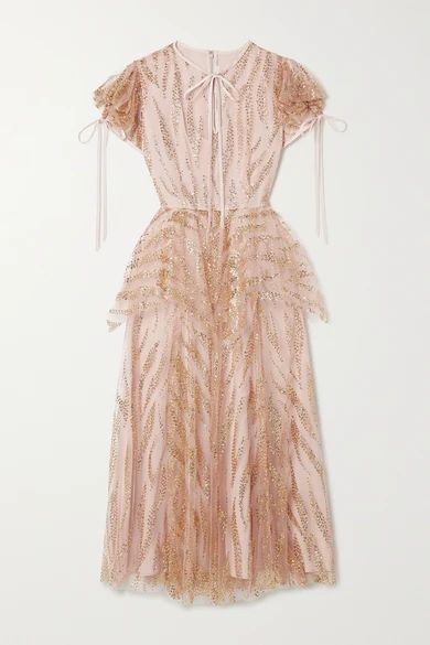 Satin-trimmed Glittered Tulle Midi Dress - Blush