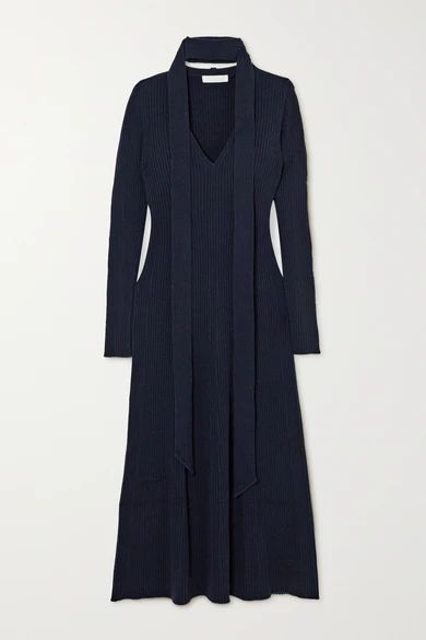 Tie-neck Ribbed Wool And Silk-blend Midi Dress - Navy