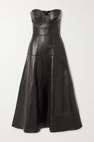 Strapless Leather Midi Dress - Black