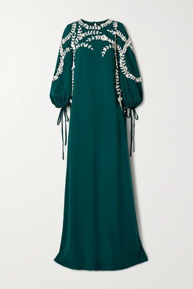 Appliquéd Silk-blend Gown - Emerald