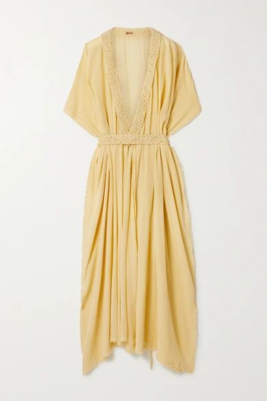 + Net Sustain Paqari Belted Crochet-trimmed Cotton-gauze Maxi Wrap Dress - Pastel yellow