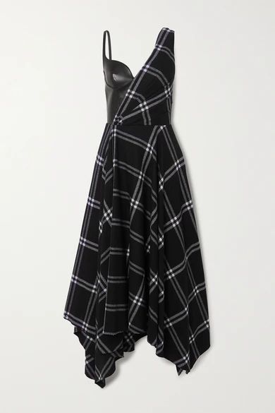 Asymmetric Checked Wool And Cashmere-blend And Leather Dress - Black