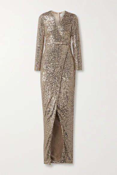 Belted Wrap-effect Sequined Stretch-tulle Gown - Gold