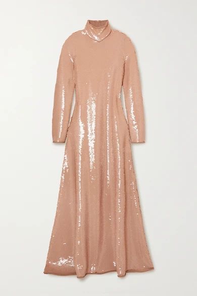 Open-back Sequined Jersey Turtleneck Gown - Blush