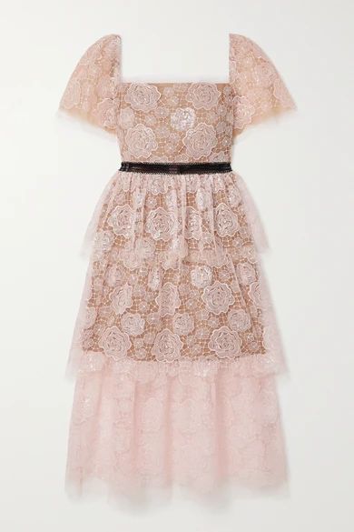 Crochet-trimmed Sequin-embellished Corded Lace Midi Dress - Blush