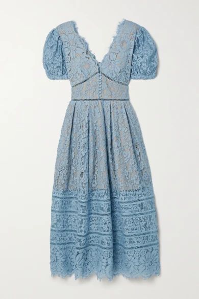 Crochet-trimmed Cotton-blend Corded Lace Midi Dress - Light blue