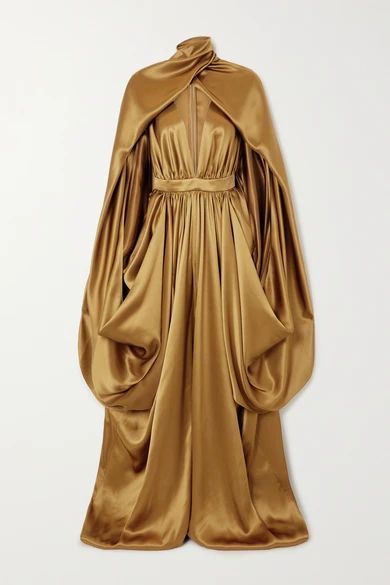 Draped Cape-effect Silk-satin Gown - Brown