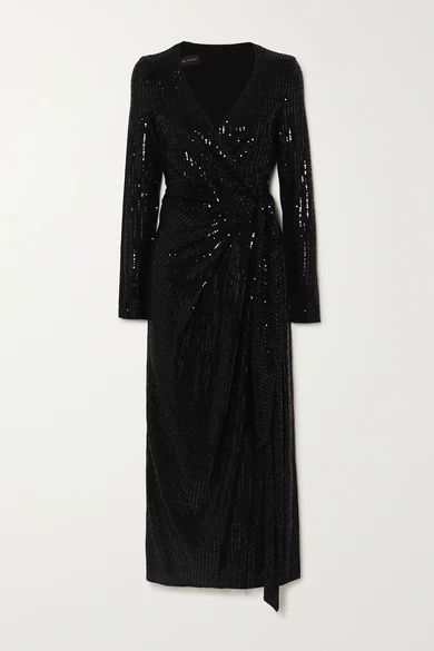 Botin Sequined Metallic Stretch-crepe Wrap Midi Dress - Black