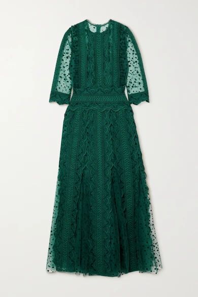 Cade Polka-dot Flocked Tulle And Guipure Lace Midi Dress - Forest green