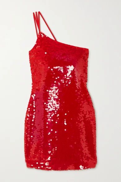 One-shoulder Sequined Crepe Mini Dress - Red