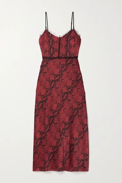 Lace-trimmed Snake-print Silk-crepe Midi Dress - Burgundy