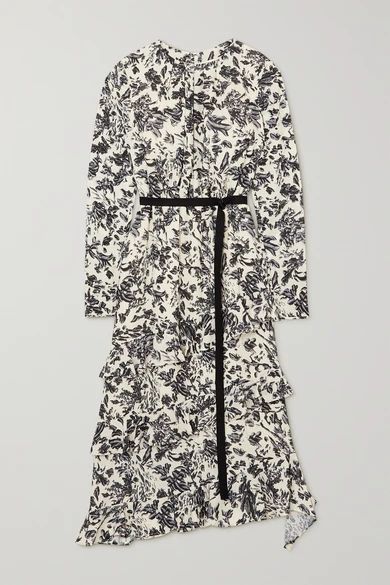 Belted Ruffled Floral-print Crepe De Chine Midi Dress - Beige