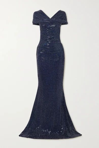 Gathered Sequined Metallic Stretch-crepe Gown - Navy