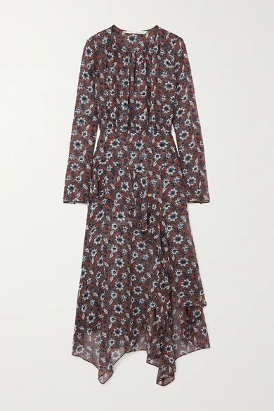 Sazan Asymmetric Ruffled Floral-print Silk-chiffon Midi Dress - Brown