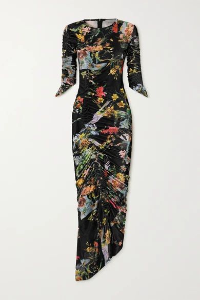 Ruched Floral-print Stretch-velvet Dress - Black