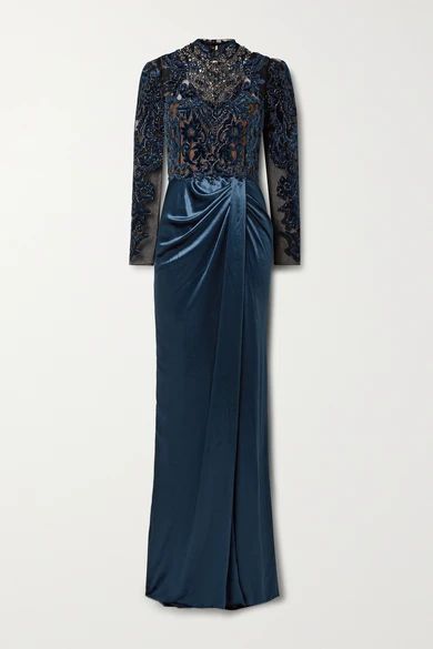 Open-back Embellished Velvet And Tulle Gown - Navy